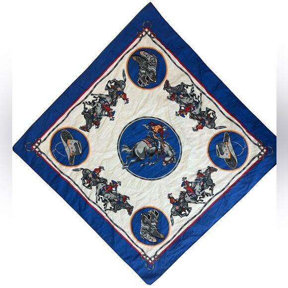 Vintage Rodeo Bandana Blue Western Saddle Bronco Pocket Square - Picture 1 of 3